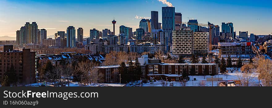 Calgary skyline, Alberta, Canada. Night lights of the panorama skyline. Beautiful city with a lot of the viewpoint to admire the city.