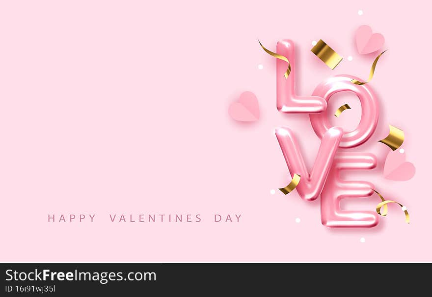 Valentine s Day Background. Realistic design with text Love with gold glitter confetti and paper hearts.
