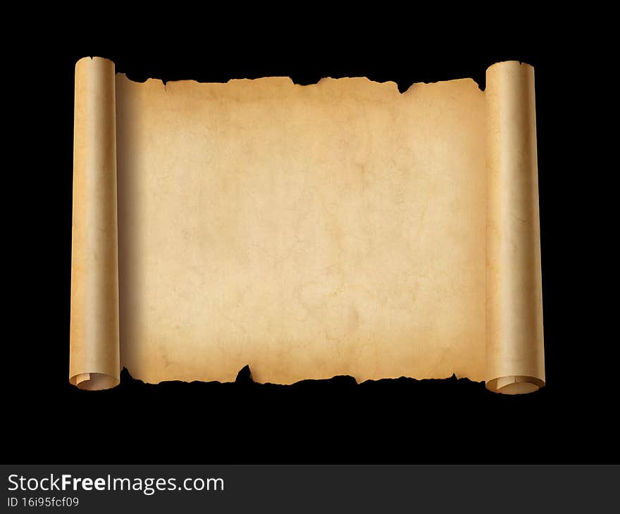 Old mediaeval paper sheet. Horizontal parchment scroll isolated on black background