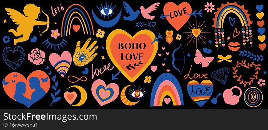 Abstract boho doodles for valentine s day big set. Heart, hands, love, rainbow, potion, speech bubble in hand drawn style. Boho vector elements for design and print, clip art.