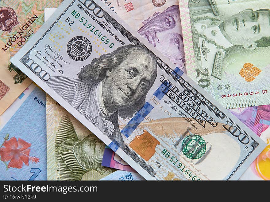 A collection of international currencies. Money background close up. Money Exchange Finance Business concept