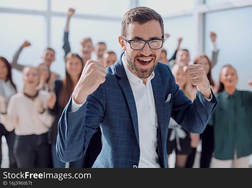 happy boss gesture showing his success. photo with space for text. happy boss gesture showing his success. photo with space for text