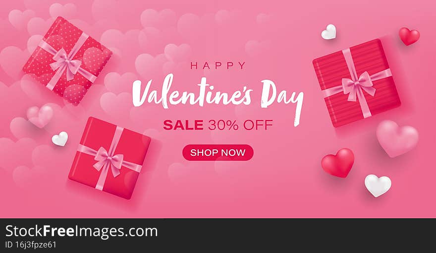 Happy Valentines Day Sale banner with gift boxes and hearts on pink background. Vector illustration in 3d realistic