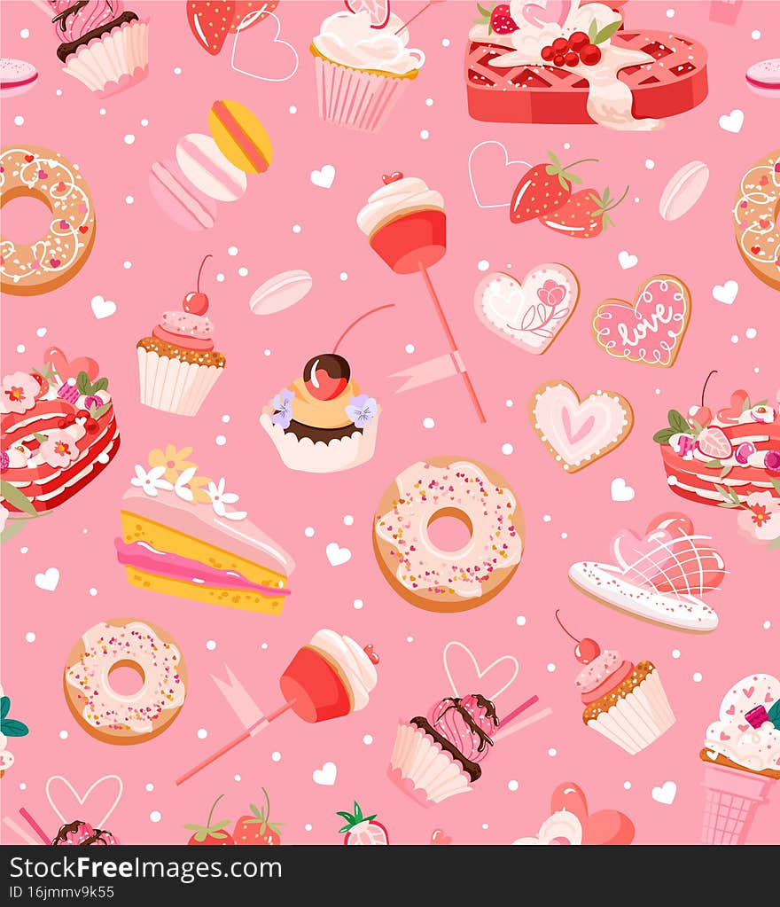 Cute waffle, cake, donut, cupcake, cookies strawberry vector seamless pattern. Happy valentines day. Sweetness background