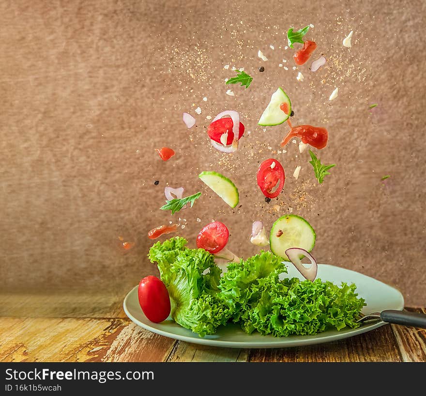 fresh salad, vegetables levitating from a plate, healthy eating, lifestyle, diet