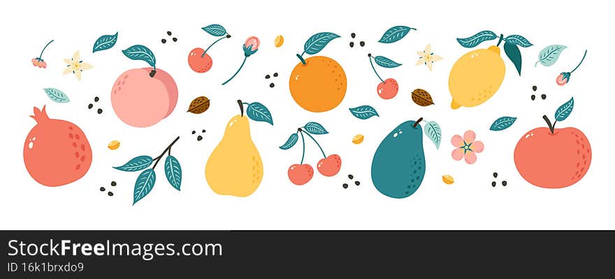 Hand Drawn Fruits. Collection of Doodle style fruits illustrations for poster, banner, background, market label, logo