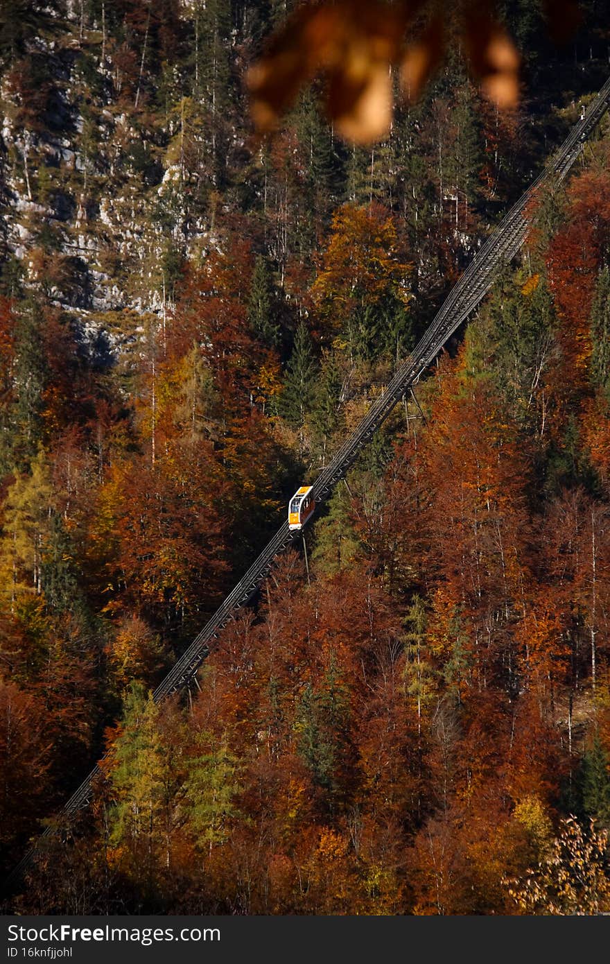 The lift to the salt cave in the mountain in in Hallstatt, Austria. Autumn time. The lift to the salt cave in the mountain in in Hallstatt, Austria. Autumn time