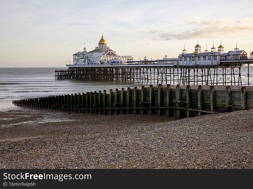February 1, 2022. Landscape by the sea. Eastbourne Pier and Beach, East Sussex England UK