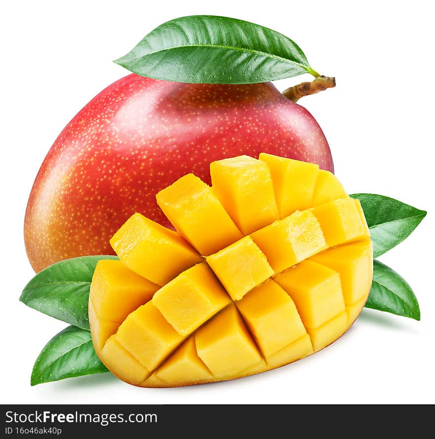 Mango with leaves and mango slices isolated on a white background