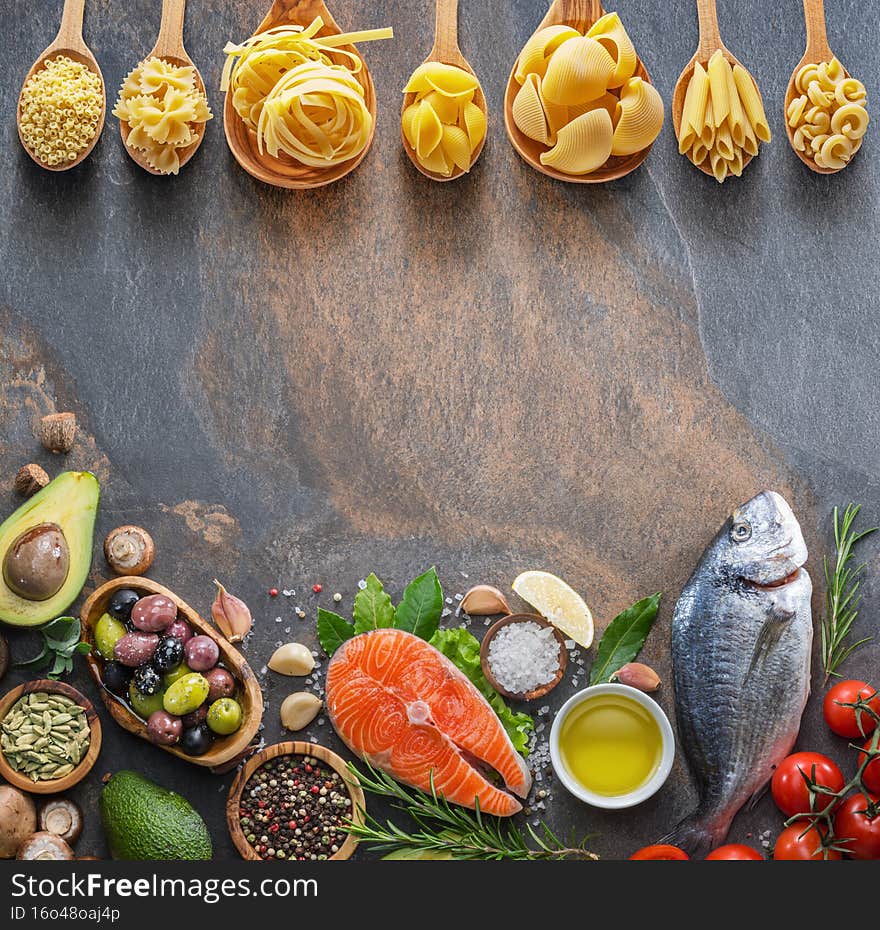 Fish, vegetables and different pasta the main ingredients of Mediterranean cuisine. Lay out