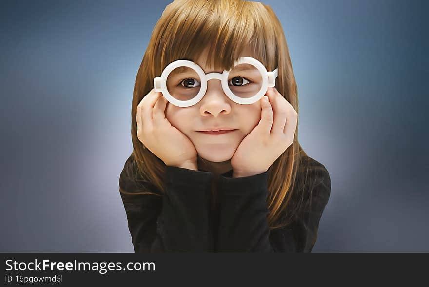 Portrait of a smiling small pretty girl in plastic glasses without glasses. A cute little girl in fashionable white toy glasses po