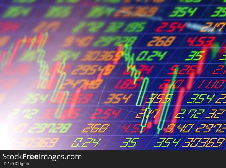 Red and green candlestick chart with marked high and low positions and volume chart on blue background, trading graphic concept, financial stock market, cryptocurrency graph.