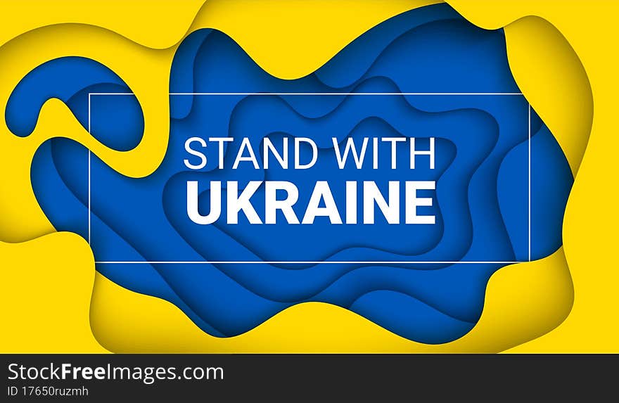 Vector paper cut background illustration of Stand With Ukraine concept with prohibition sign on Ukraine flag colors. No war and