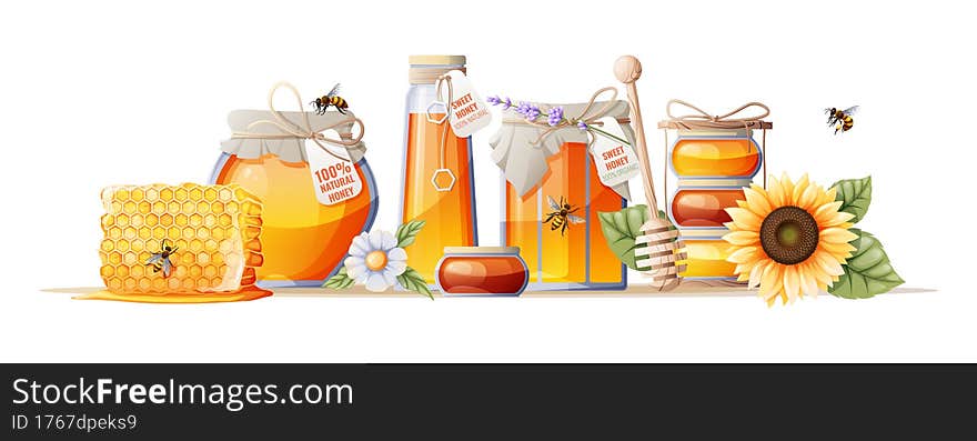 Honey products, natural organic product. Vector illustration of jars of honey, honeycomb, sunflower, wooden spoon. Healthy food.