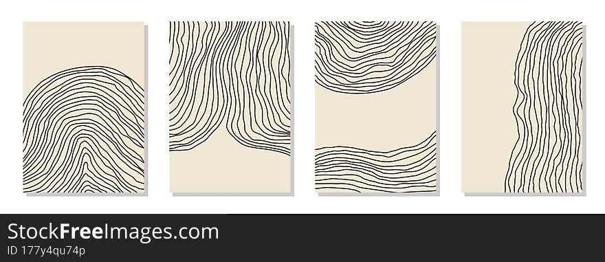 Set of 4 wall art posters, brochure, flyer templates. Single organic line abstract shape drawn, hand drawn design, simple