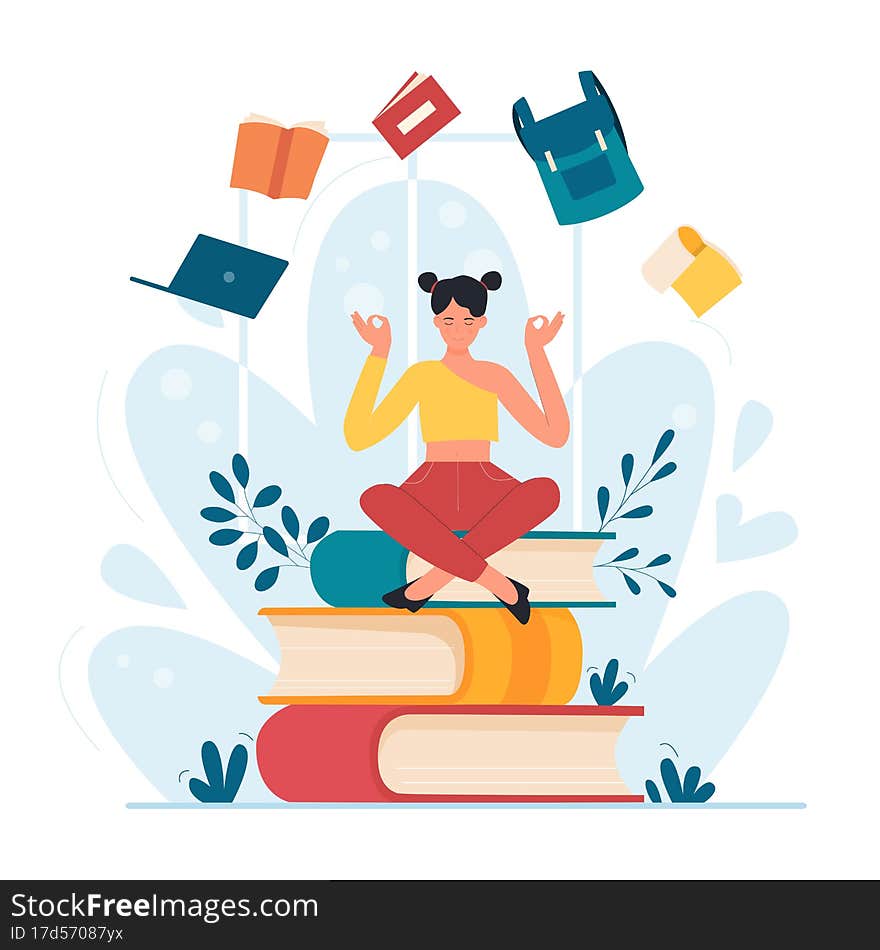 Yoga meditation of student sitting in lotus pose on stack of books. Tiny girl with flying notebook, textbook, laptop and school backpack flat vector illustration. Education, wellness, study concept. Yoga meditation of student sitting in lotus pose on stack of books. Tiny girl with flying notebook, textbook, laptop and school backpack flat vector illustration. Education, wellness, study concept