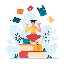 Yoga Meditation Of Student Sitting On Books With Flying Notebook, Laptop, Backpack Royalty Free Stock Photos