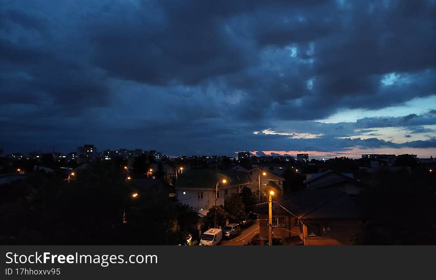 Sky at dusk covered with clouds in Bucharest, Berceni