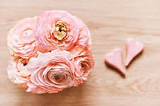 Beautiful Bouquet Of Pink Ranunculus With 2 Hearts Stock Photography