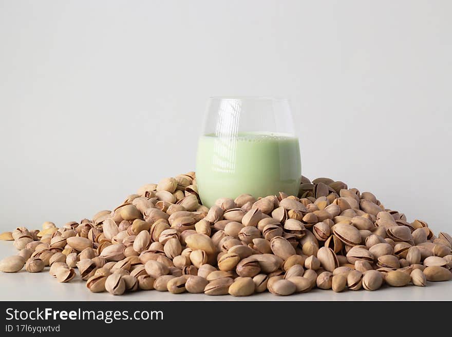 Natural Pistachio Milk In A Glass. Alternative Milk. Useful Drink. Benefit For Health.