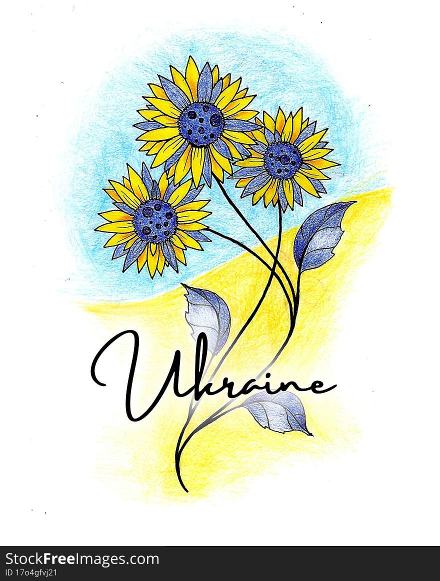 yellow-blue bouquet of flowers on the background of the Ukrainian flag with the inscription Ukraine