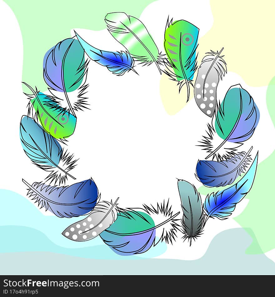 feather wreath on pastel abstract background,  graphics, cover, sticker, pattern