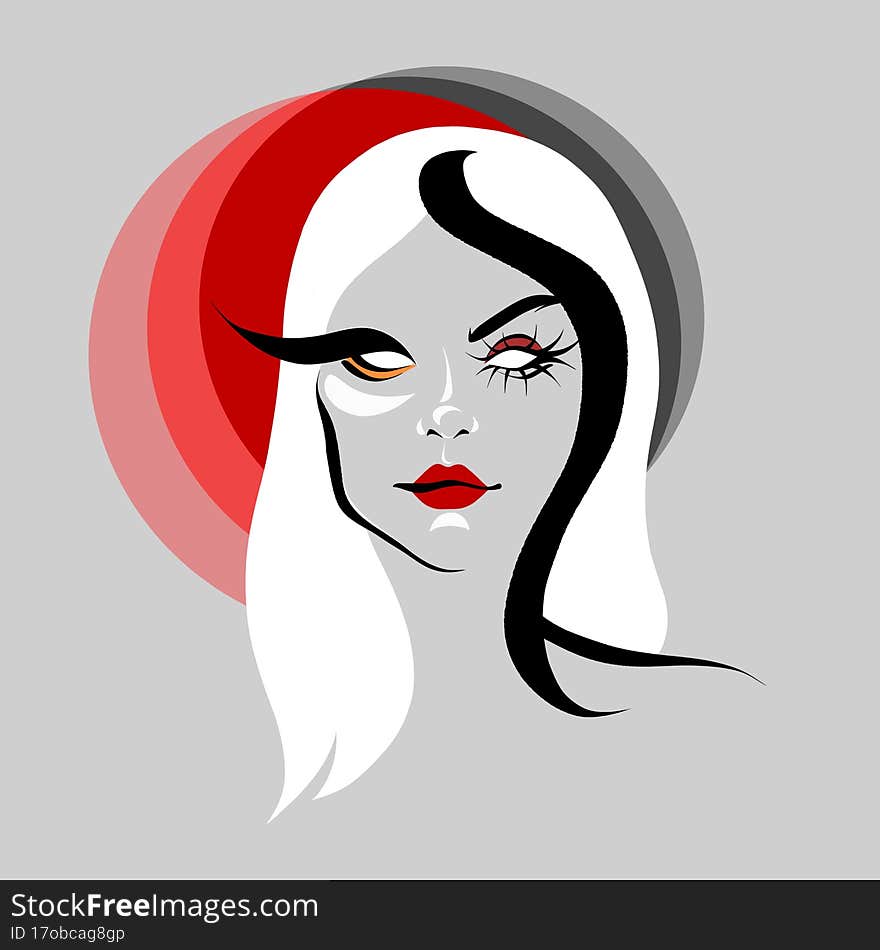 Abstract colored portrait of a pretty woman with white straight hair, asymmetrical face and bright makeup.