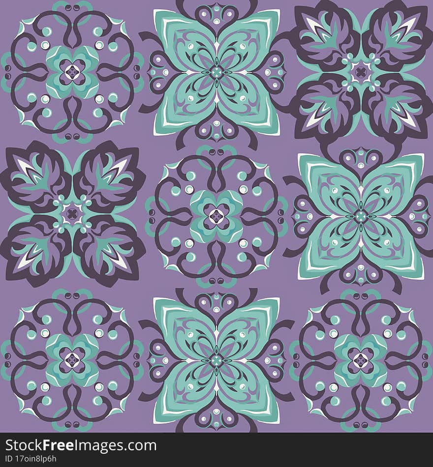 Seamless vintage pattern with an effect of attrition. Patchwork carpet. Hand drawn seamless abstract pattern from tiles. Azulejos