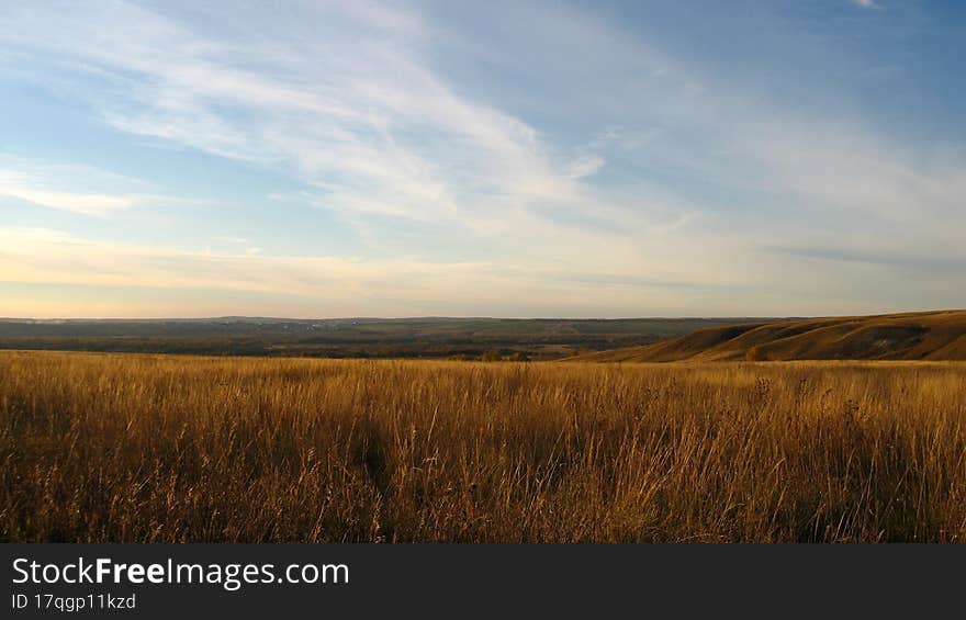 Rural autumn landscape - yellow field and blue sky