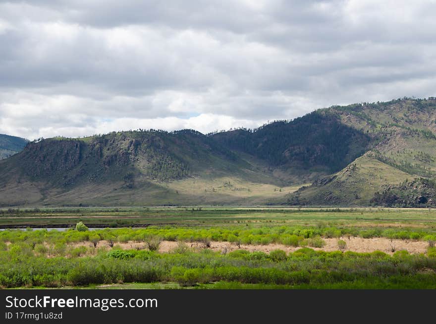 Beautiful summer landscape. Steppe and mountains.