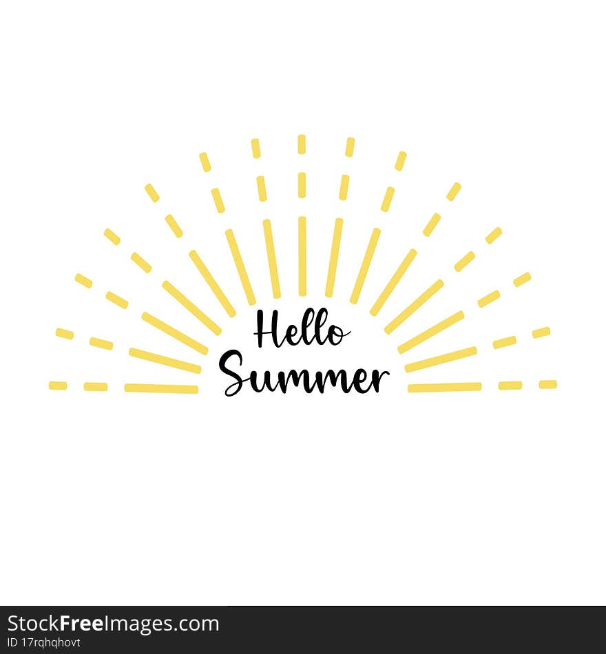 Vector illustration: Hand drawn lettering Hello Summer composition with doodle sun. Illustration isolated on white background