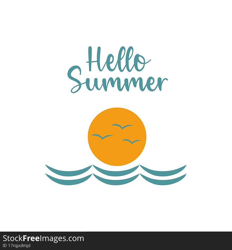 Hand drawn lettering Hello Summer with doodle yellow sun, turquoise sea. Bright  illustration isolated on white background