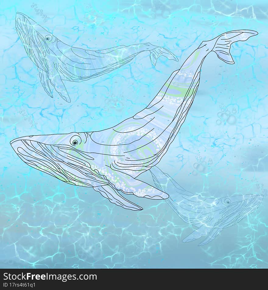 The art of continuous line drawing of a whale. Whales, drawn in one line, swimming in the water. blue background