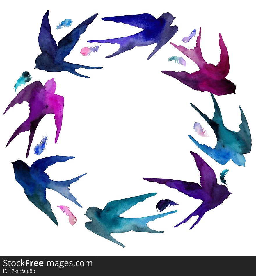 Watercolor swallows and feathers in circle isolated on white background. Romantic round frame in pink, blue and violet colors. Design for postcards, invitations, covers, weddin decor.