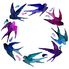 Watercolor Swallows And Feathers In Circle Isolated On White Background. Romantic Round Frame In Pink, Blue And Violet Colors. Royalty Free Stock Photos