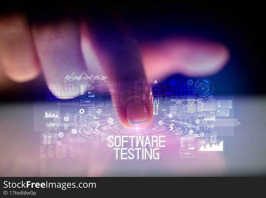 Finger touching tablet with web technology icons and SOFTWARE TESTING inscription. Finger touching tablet with web technology icons and SOFTWARE TESTING inscription