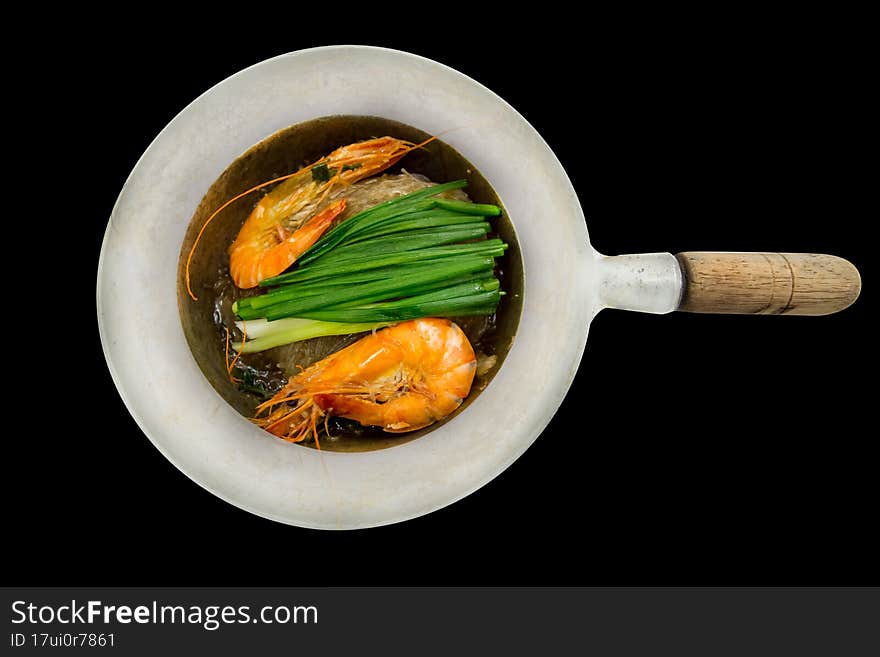 Die cut of Casseroled shrimps with glass noodles on black isolated. Die cut of Casseroled shrimps with glass noodles on black isolated