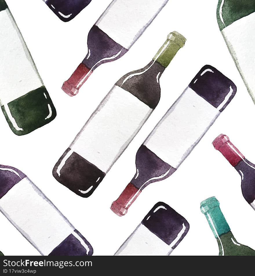 Watercolor Seamless Pattern With Wine Bottles On White Background