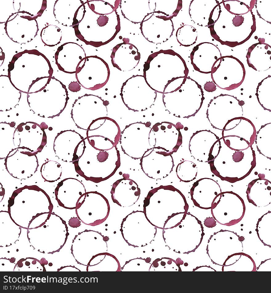 seamless watercolor pattern with drawings of round red wine, juice stains, splashes on white background