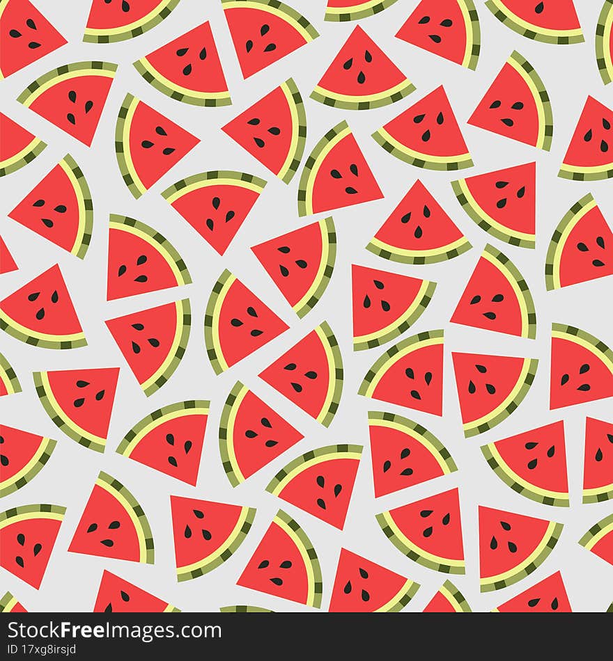 Seamless pattern with pieces of watermelon on a light background. Fruity summer pattern. Vector illustration