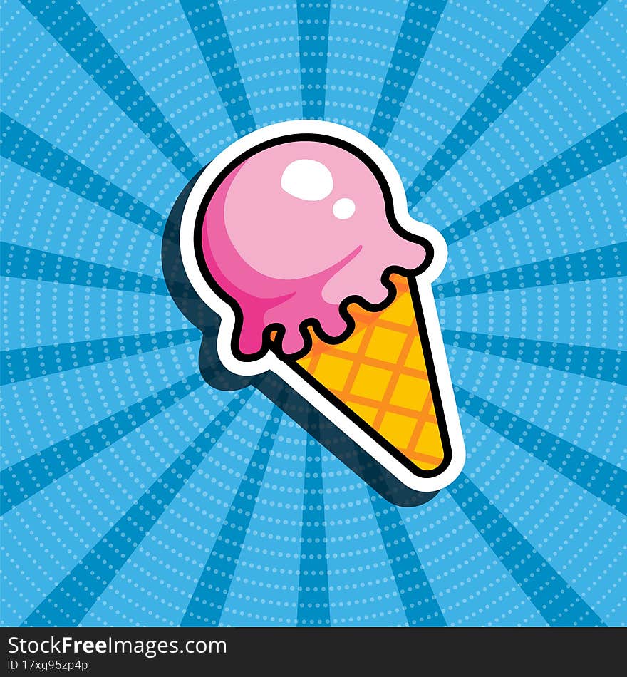 Cartoon illustration of ice cream. Blue retro background. Comic style, pop art. Stickers, patches, pins.