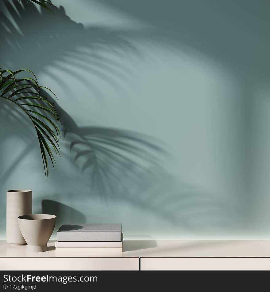 mock blue wall with palm leaf shadow, 3d illustration.