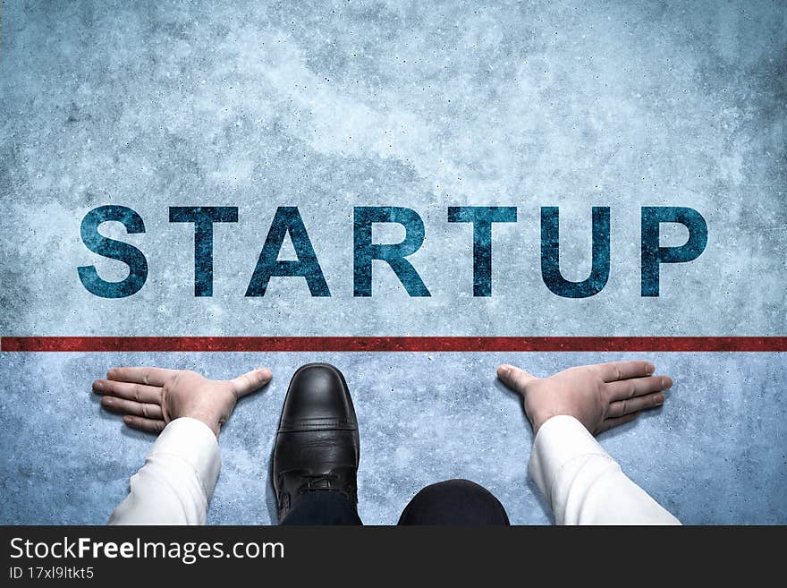 Businessman ready to startup. Top view of Businessman in suit ready on the way with startup inscription. Business Challenge or do new. Get Ready to Moving Forward. Start Line. Businessman ready to startup. Top view of Businessman in suit ready on the way with startup inscription. Business Challenge or do new. Get Ready to Moving Forward. Start Line