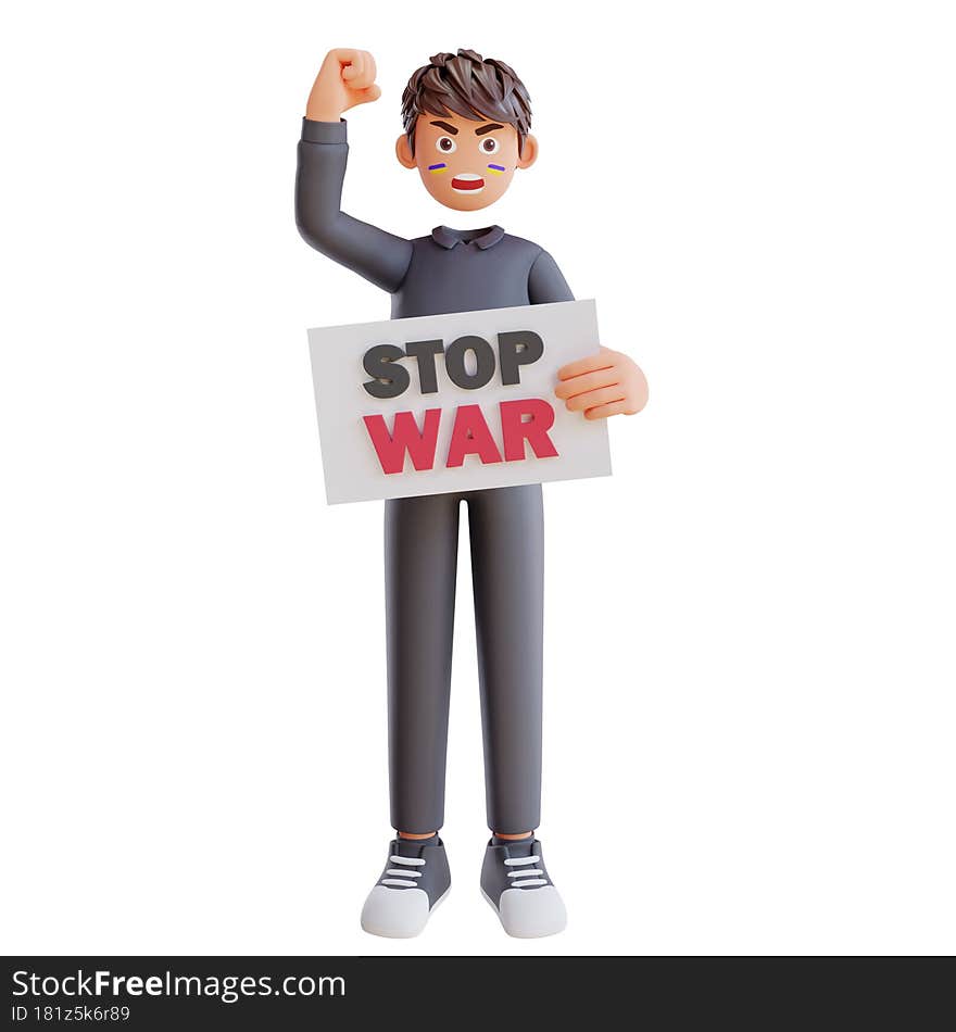 3d Render Cute Boy Holding Poster Stop War