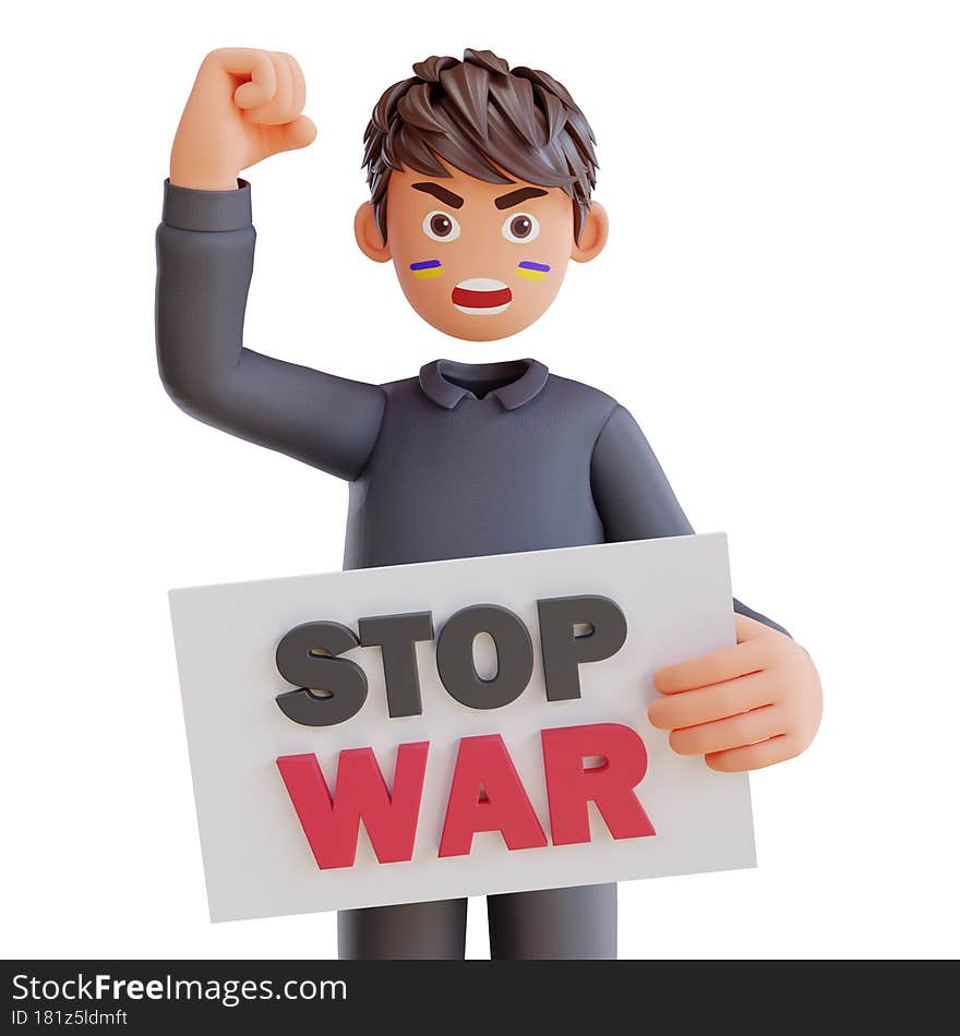 3d render cute boy holding poster stop war