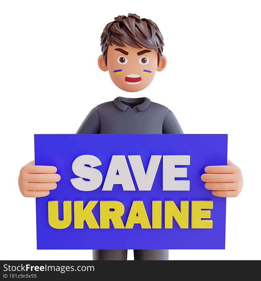 3d render cute boy holding poster save Ukraine