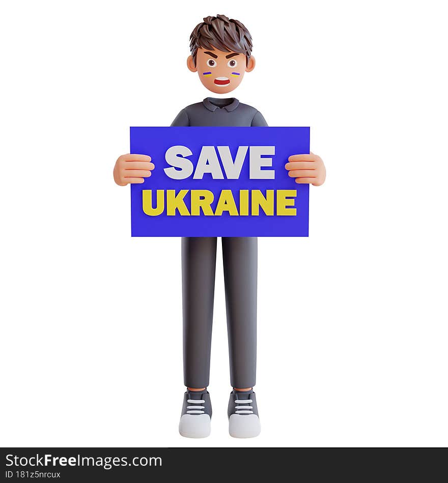 3d Render Cute Boy Holding Poster Save Ukraine