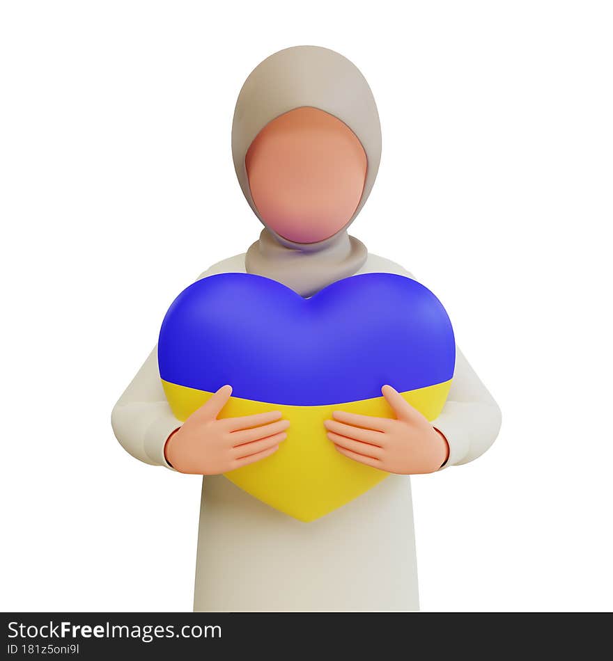 3d render muslim woman hug heart shaped balloon with ukraine flag color