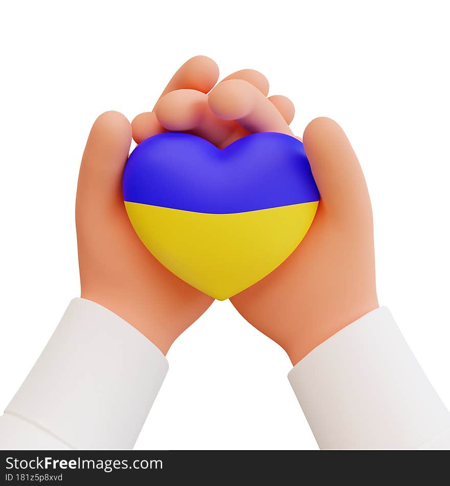 3d render hands holding a heart in the colors of the flag of ukraine