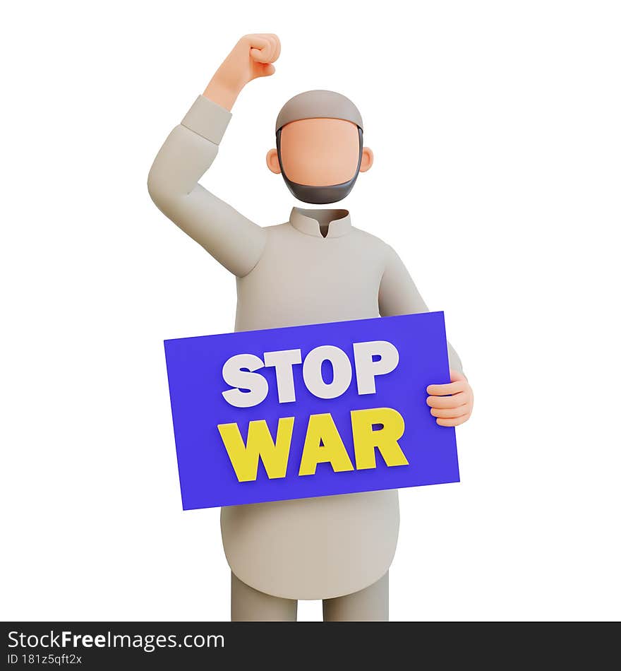 3d render muslim man holding poster stop war